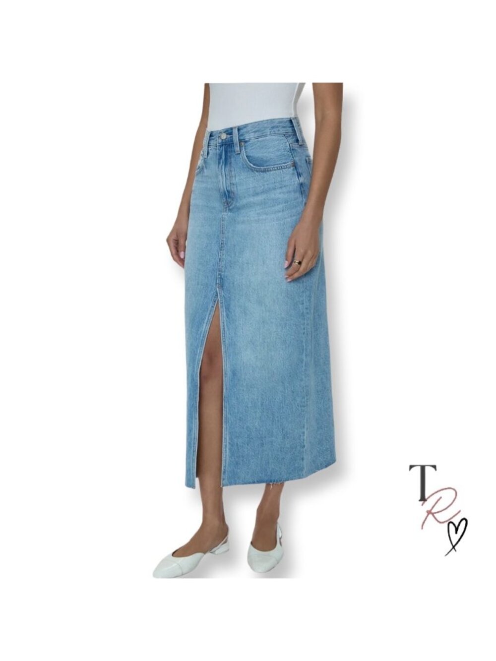 Pistola NWT Alice Denim Midi Skirt Brooklyn Wash Size 29 Front Slit Raw Hem Fall